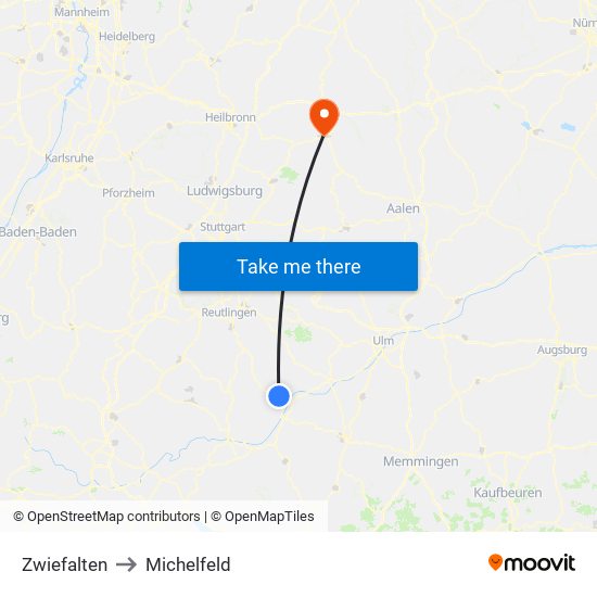 Zwiefalten to Michelfeld map