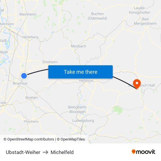 Ubstadt-Weiher to Michelfeld map