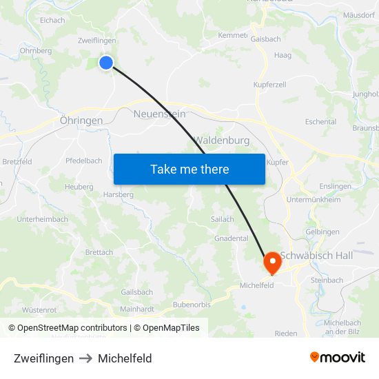 Zweiflingen to Michelfeld map