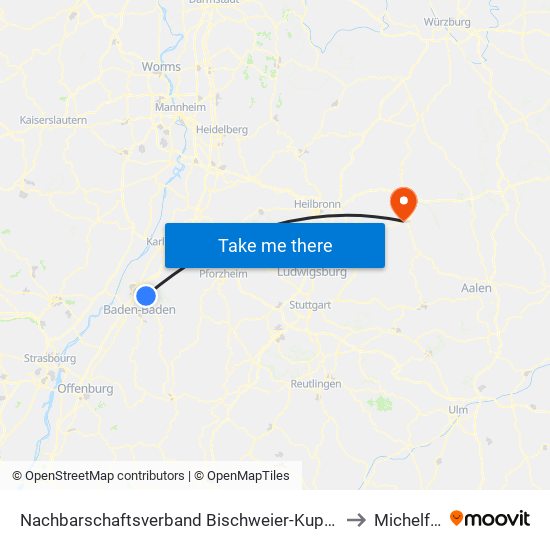 Nachbarschaftsverband Bischweier-Kuppenheim to Michelfeld map