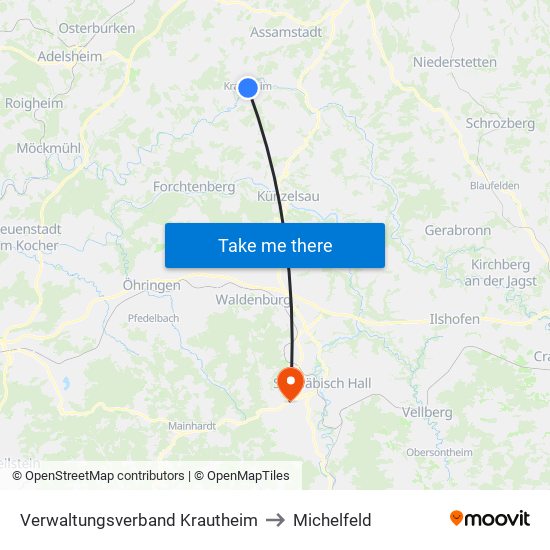 Verwaltungsverband Krautheim to Michelfeld map