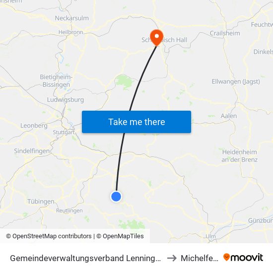 Gemeindeverwaltungsverband Lenningen to Michelfeld map