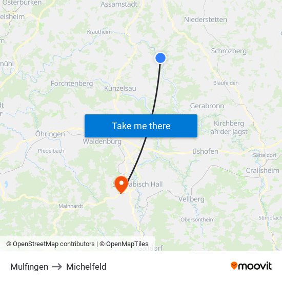 Mulfingen to Michelfeld map