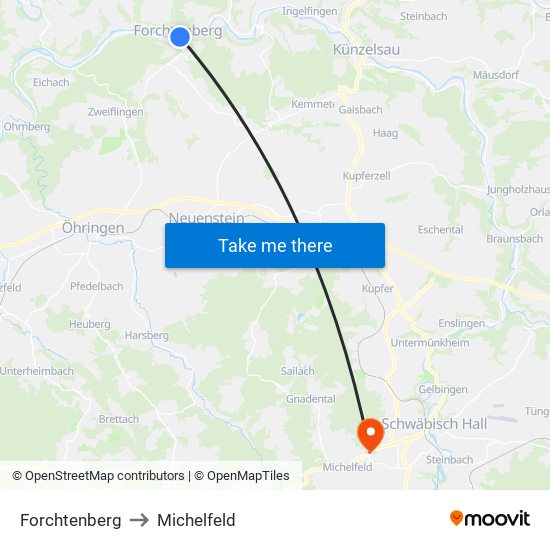 Forchtenberg to Michelfeld map