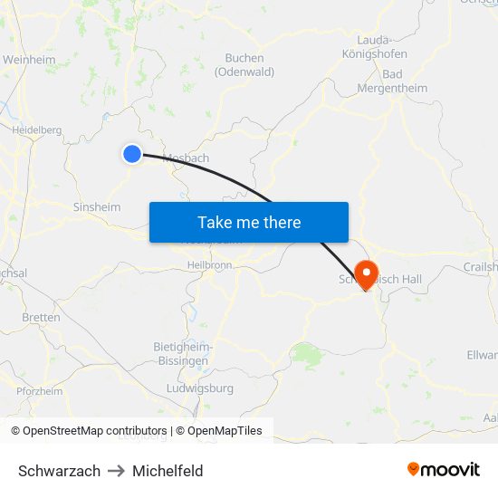 Schwarzach to Michelfeld map