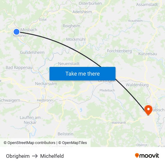 Obrigheim to Michelfeld map