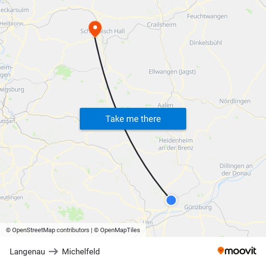 Langenau to Michelfeld map