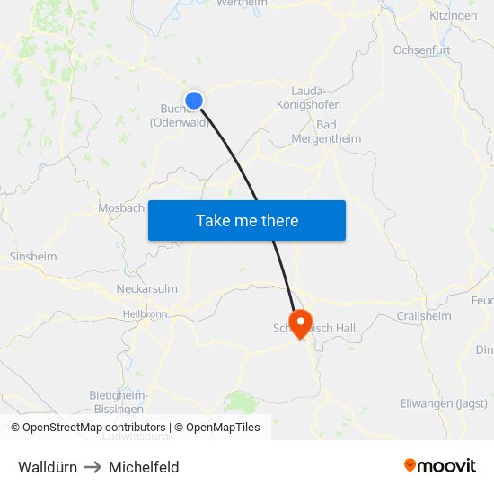 Walldürn to Michelfeld map