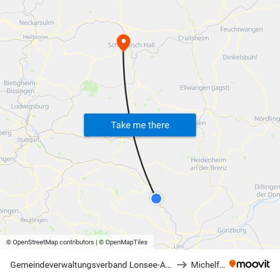 Gemeindeverwaltungsverband Lonsee-Amstetten to Michelfeld map