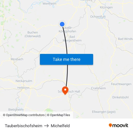 Tauberbischofsheim to Michelfeld map