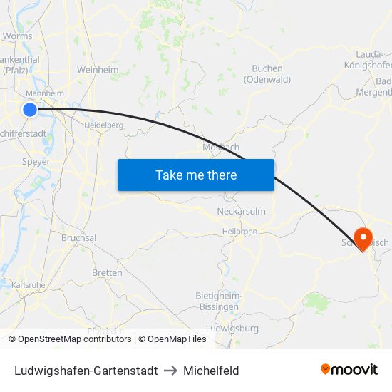 Ludwigshafen-Gartenstadt to Michelfeld map