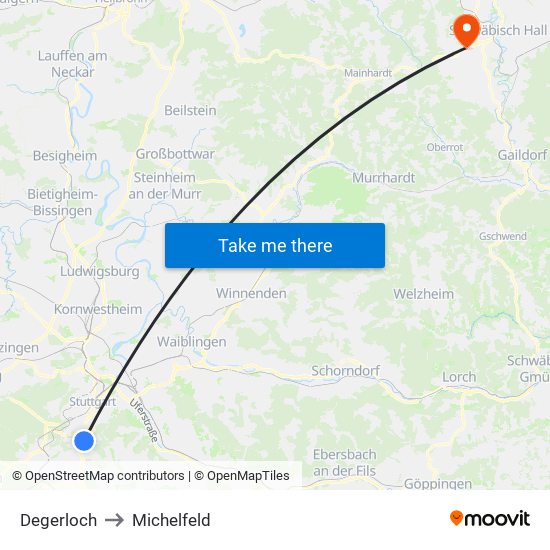 Degerloch to Michelfeld map