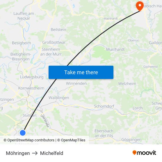 Möhringen to Michelfeld map