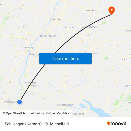 Schliengen (Kernort) to Michelfeld map