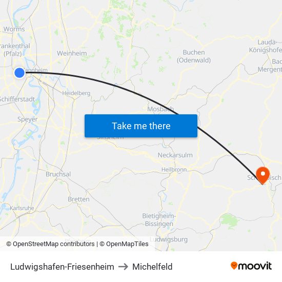 Ludwigshafen-Friesenheim to Michelfeld map