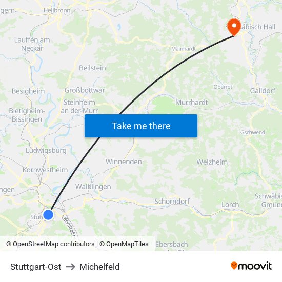Stuttgart-Ost to Michelfeld map