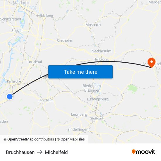 Bruchhausen to Michelfeld map