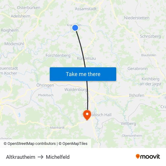 Altkrautheim to Michelfeld map