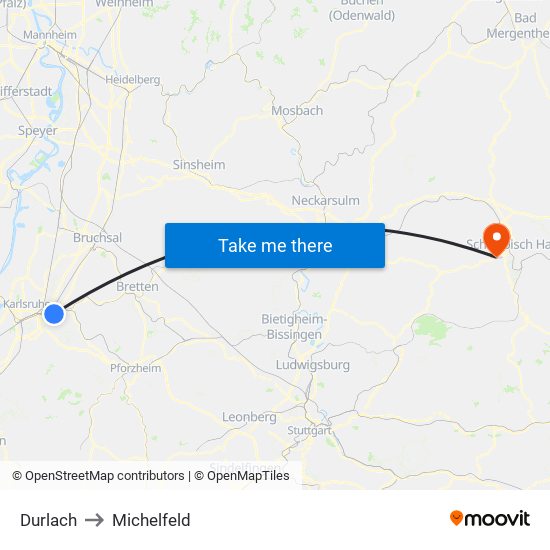 Durlach to Michelfeld map