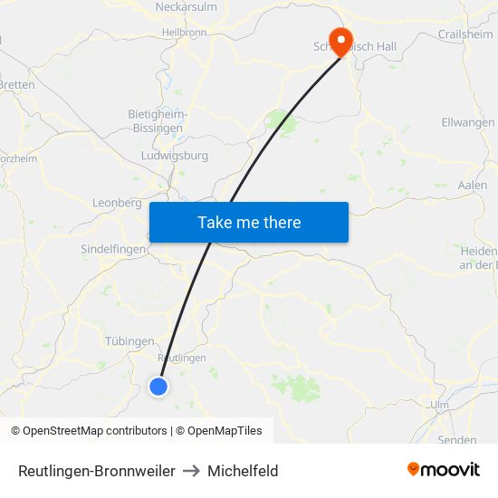 Reutlingen-Bronnweiler to Michelfeld map