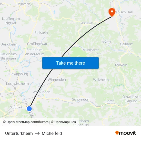 Untertürkheim to Michelfeld map