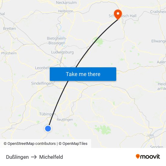 Dußlingen to Michelfeld map