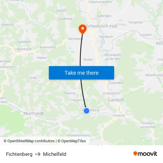 Fichtenberg to Michelfeld map