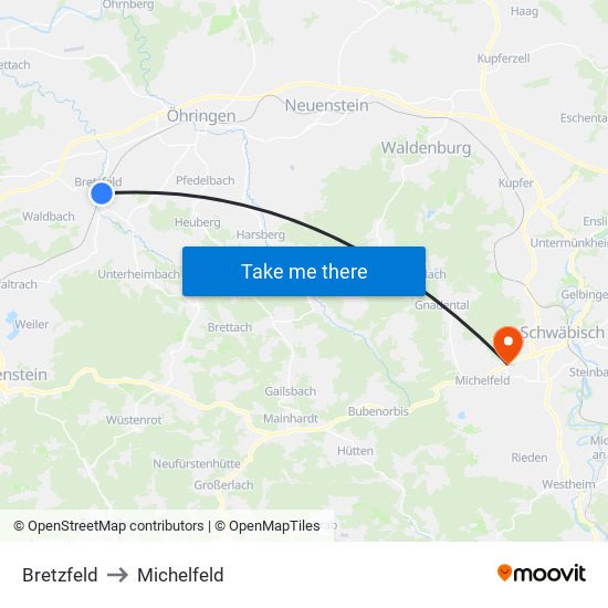 Bretzfeld to Michelfeld map