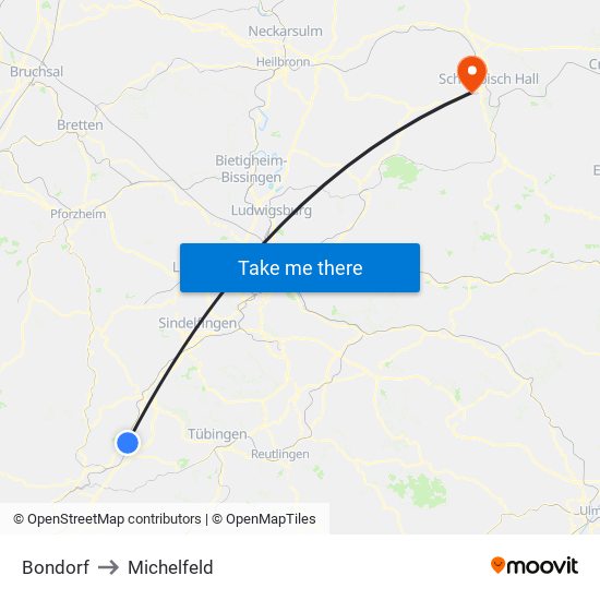 Bondorf to Michelfeld map