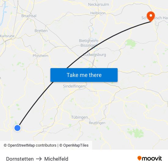 Dornstetten to Michelfeld map