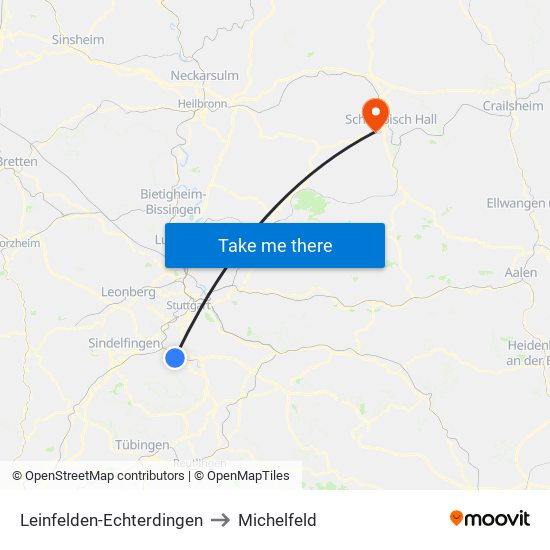 Leinfelden-Echterdingen to Michelfeld map