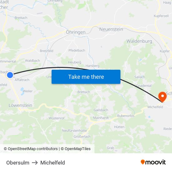 Obersulm to Michelfeld map