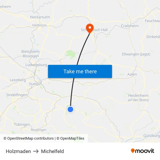 Holzmaden to Michelfeld map