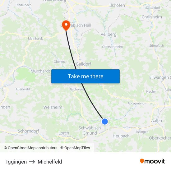 Iggingen to Michelfeld map