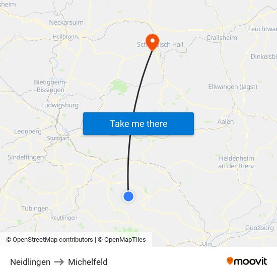 Neidlingen to Michelfeld map