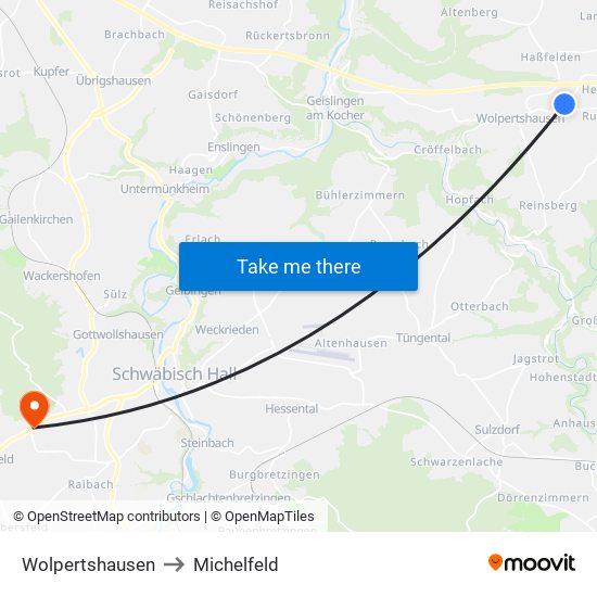 Wolpertshausen to Michelfeld map