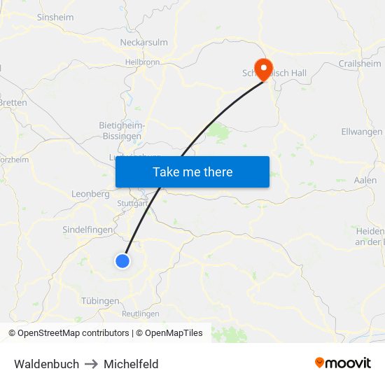 Waldenbuch to Michelfeld map