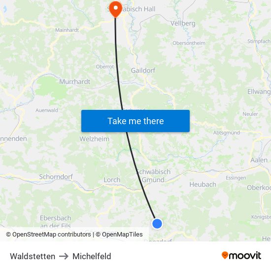 Waldstetten to Michelfeld map