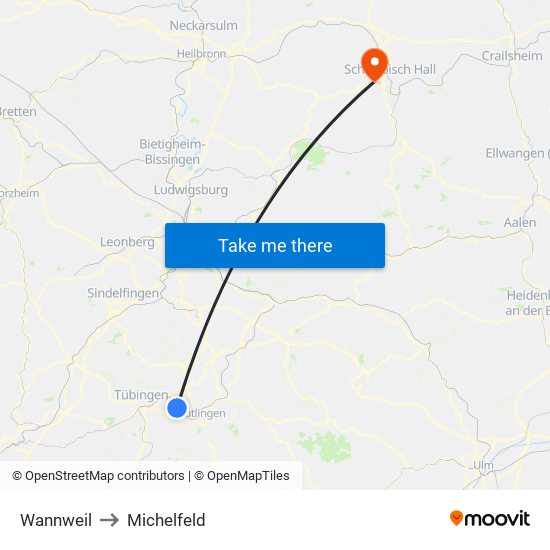 Wannweil to Michelfeld map