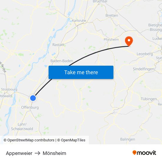 Appenweier to Mönsheim map