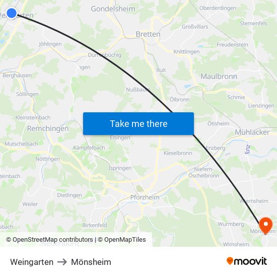 Weingarten to Mönsheim map