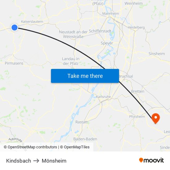 Kindsbach to Mönsheim map