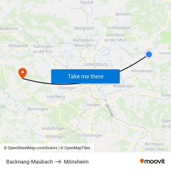 Backnang-Maubach to Mönsheim map