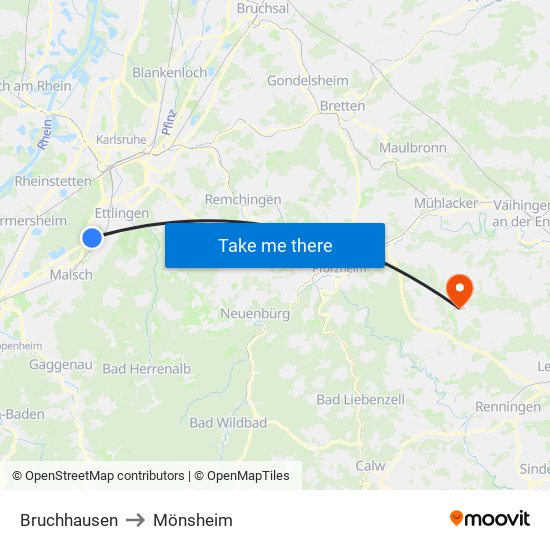 Bruchhausen to Mönsheim map