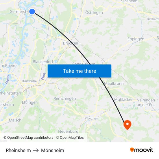 Rheinsheim to Mönsheim map