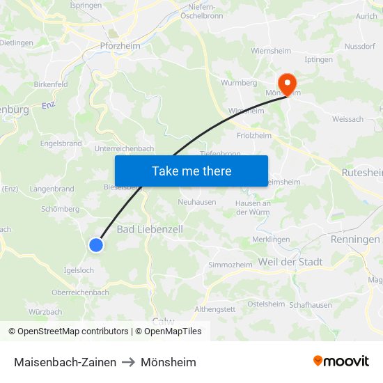 Maisenbach-Zainen to Mönsheim map