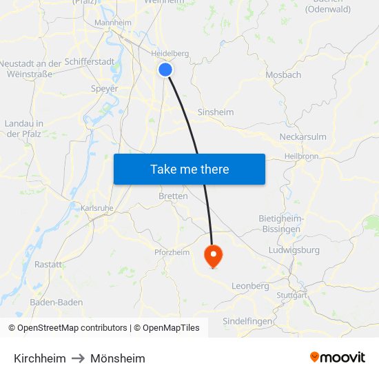 Kirchheim to Mönsheim map