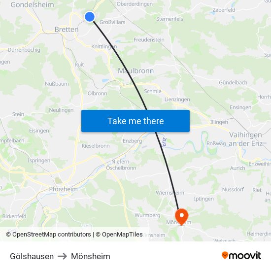 Gölshausen to Mönsheim map