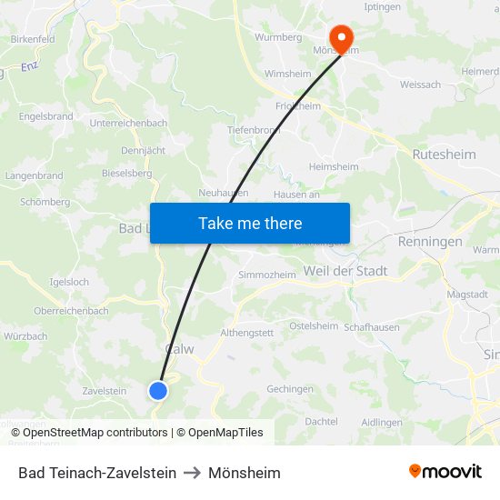 Bad Teinach-Zavelstein to Mönsheim map