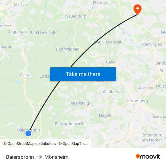 Baiersbronn to Mönsheim map